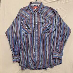 Ely Plains Shirt Men 2XL Blue Striped Long Sleeve Western‎ Pearl Snap Cowboy